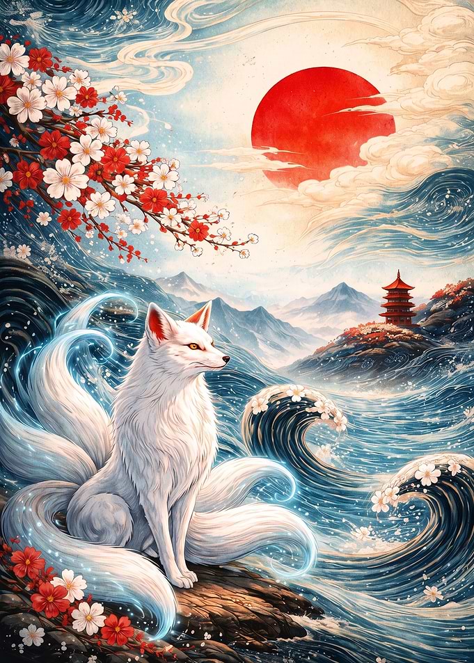 Nine-Tailed Fox in Japanese Landscape