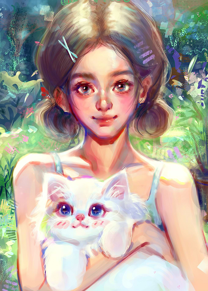 Girl Holding Fluffy White Kitten