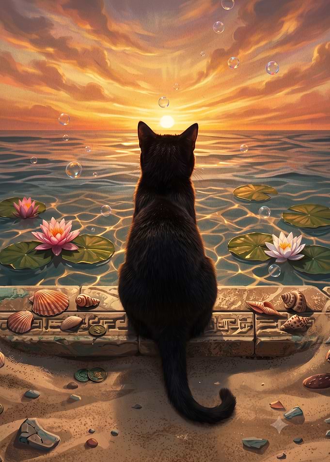 Black Cat Watching Sunset Over Water