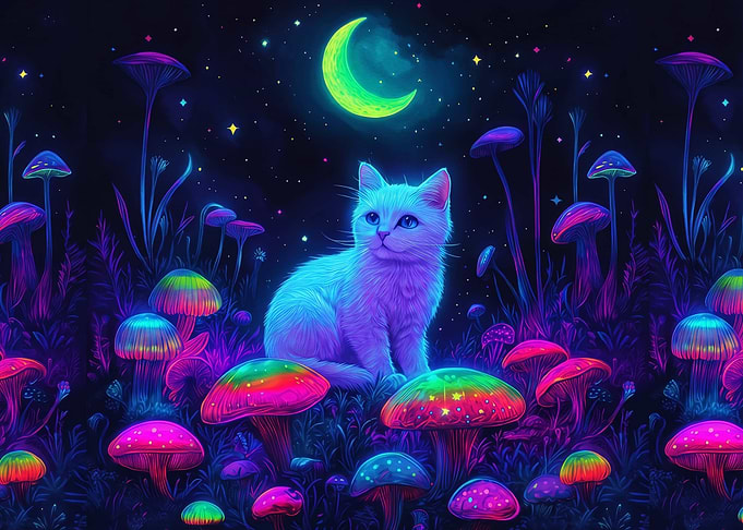 Neon Cat in Magical Mushroom Forest