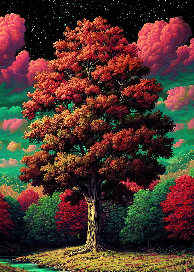 Surreal Autumn Tree Under Starry Sky