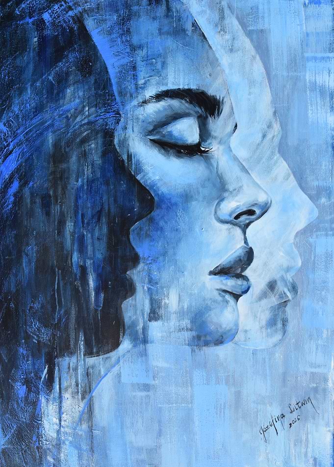 Blue Toned Triple Profile Portrait Faces Woman