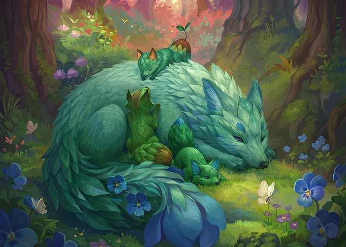 Mother Wolf and Pups in Forest