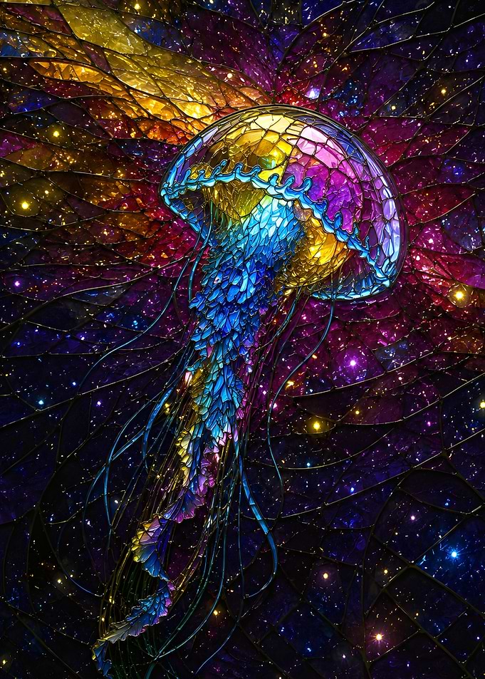 Stained Glass Cosmic Jellyfish Art