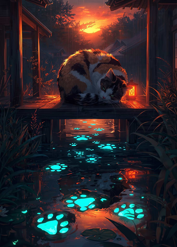 Calico Cat with Glowing Paw Prints
