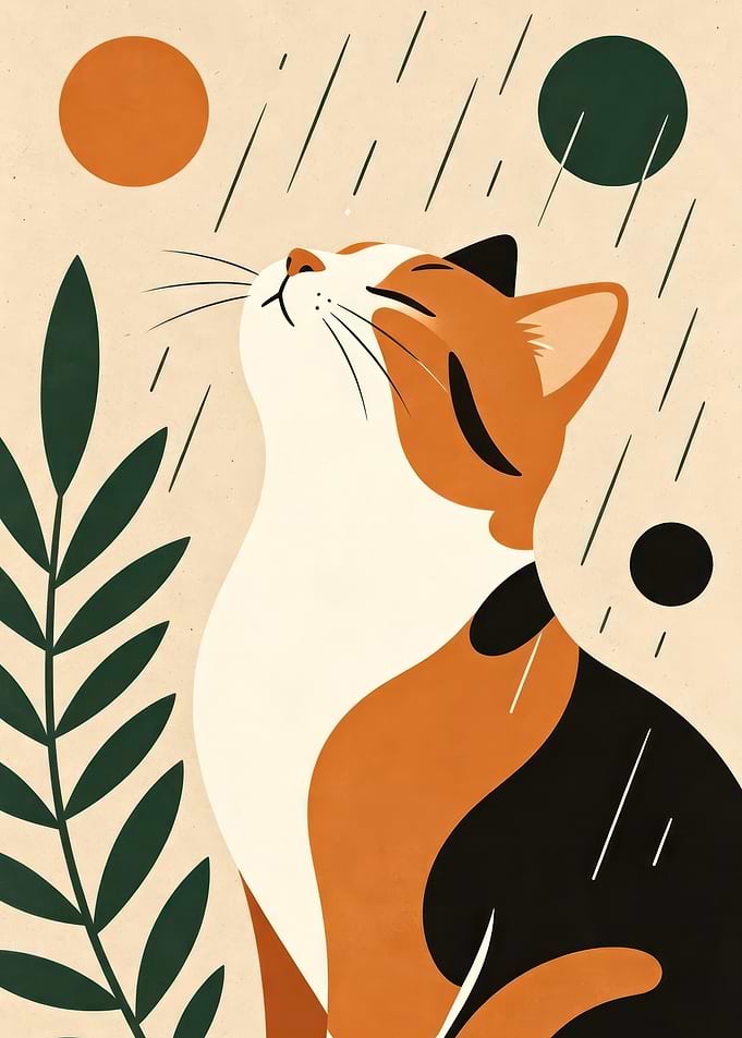 Calico Cat in the Rain Illustration