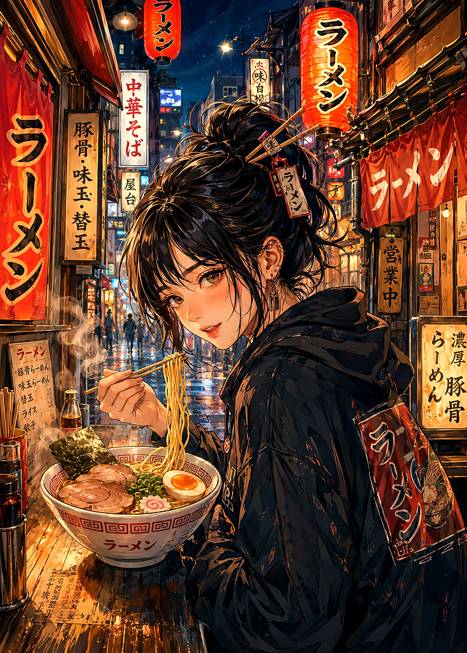 Anime Girl Eating Ramen at Night