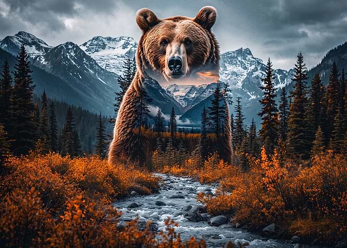 Double Exposure Grizzly Bear Mountain Landscape