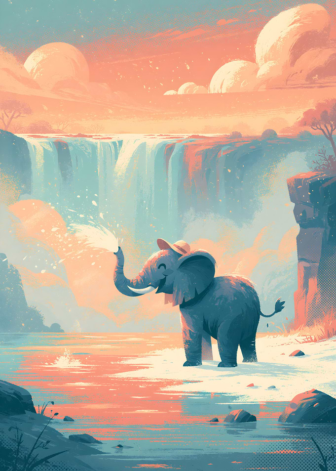 Cute Elephant Playing by Waterfall