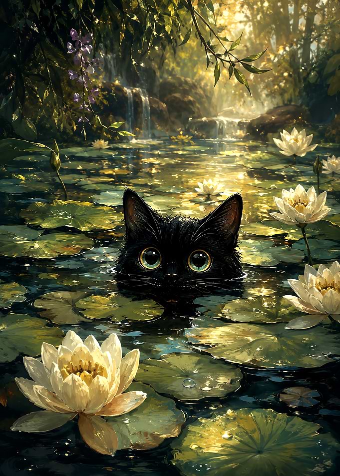 Black Cat in Lotus Pond