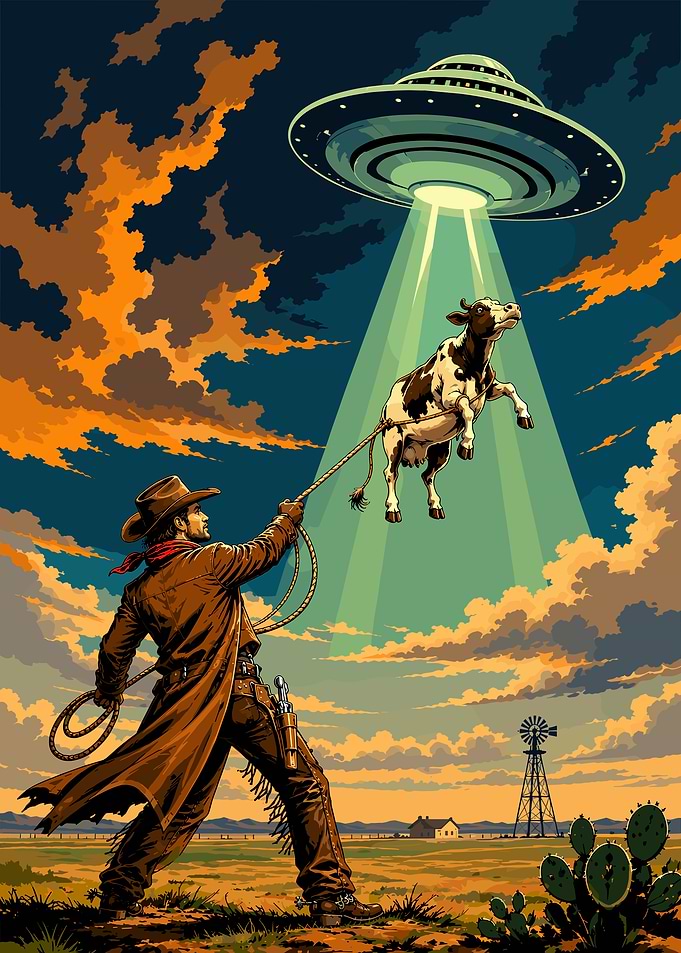 Cowboy Roping a UFO Abducted Cow