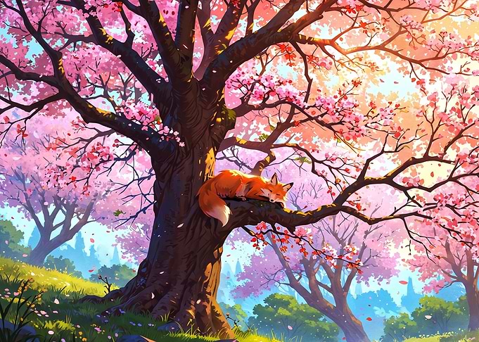 Sleeping Fox in Cherry Blossom Tree