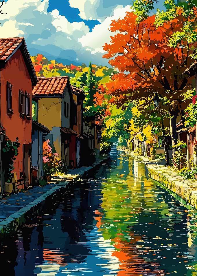 Autumn Canal Scene in Anime Style