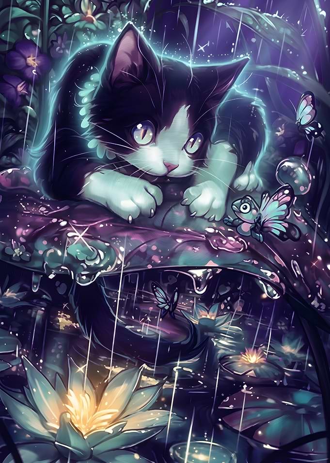 Glowing Kitten in Rainy Garden