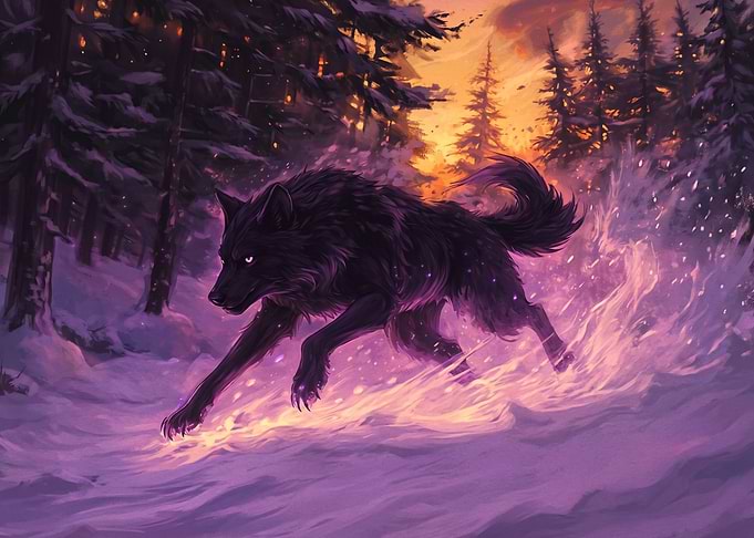 Black Wolf Running Through Snowy Forest