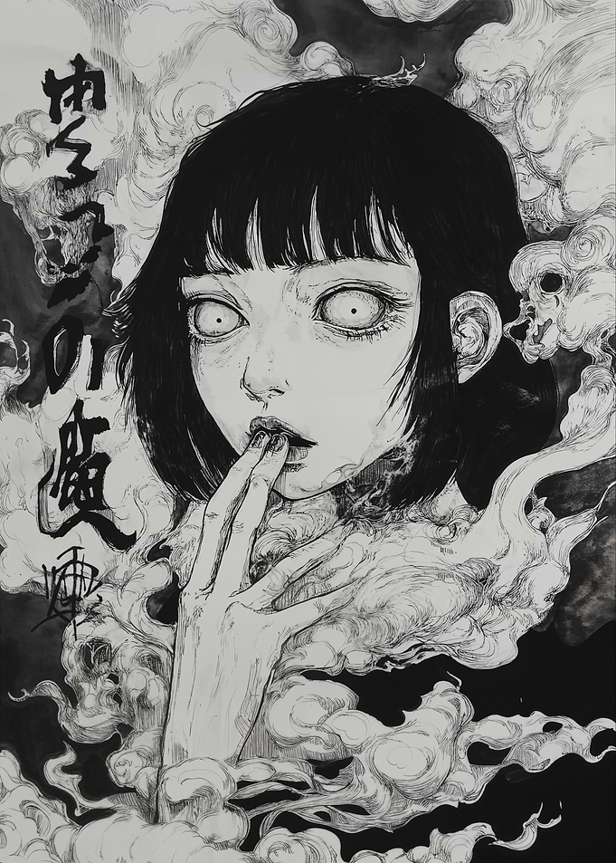 Eerie Manga Style Portrait with Smoke