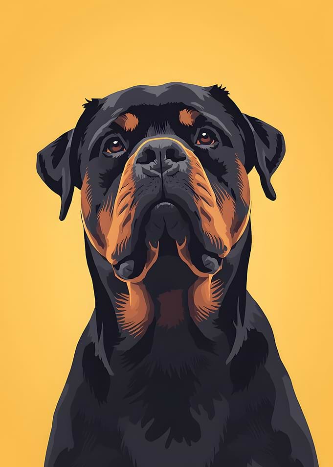 Stylized Rottweiler Portrait on Yellow