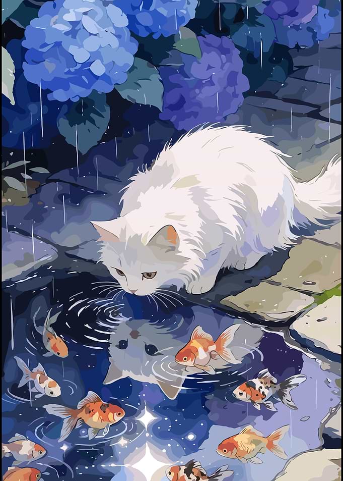 White Cat Watching Goldfish in Rain