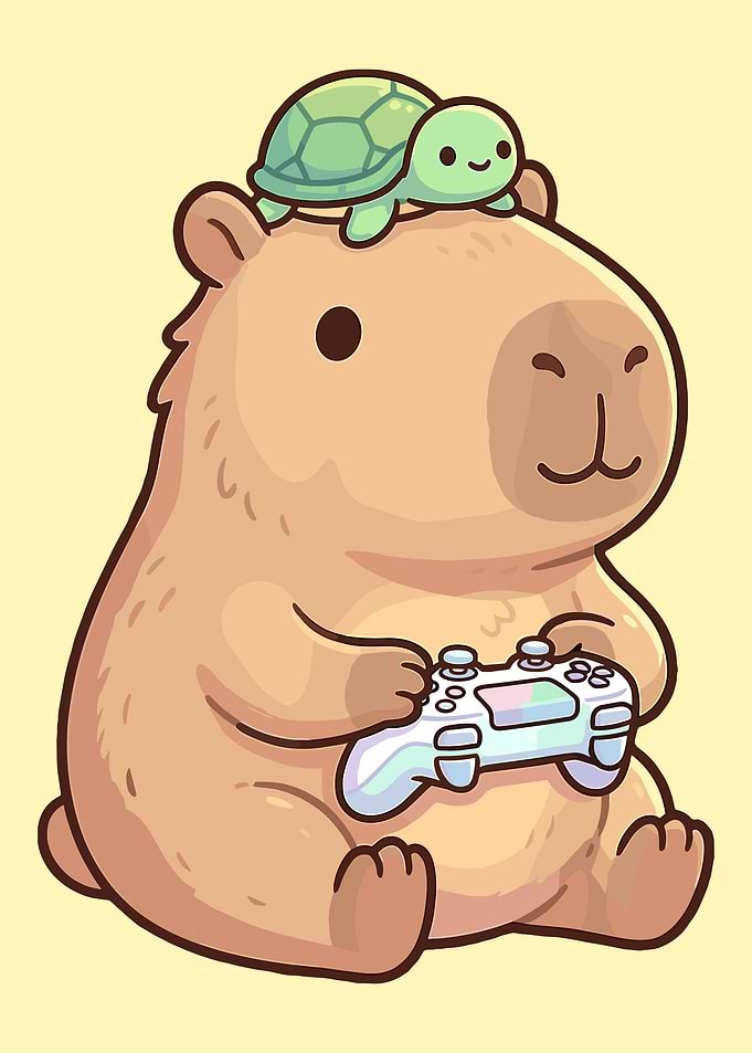 Cute Gaming Capybara with Turtle Cartoon Wall Art | Kawaii Animal Gamer Poster