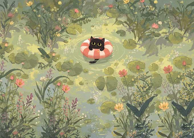 Black Cat Floating in Pond