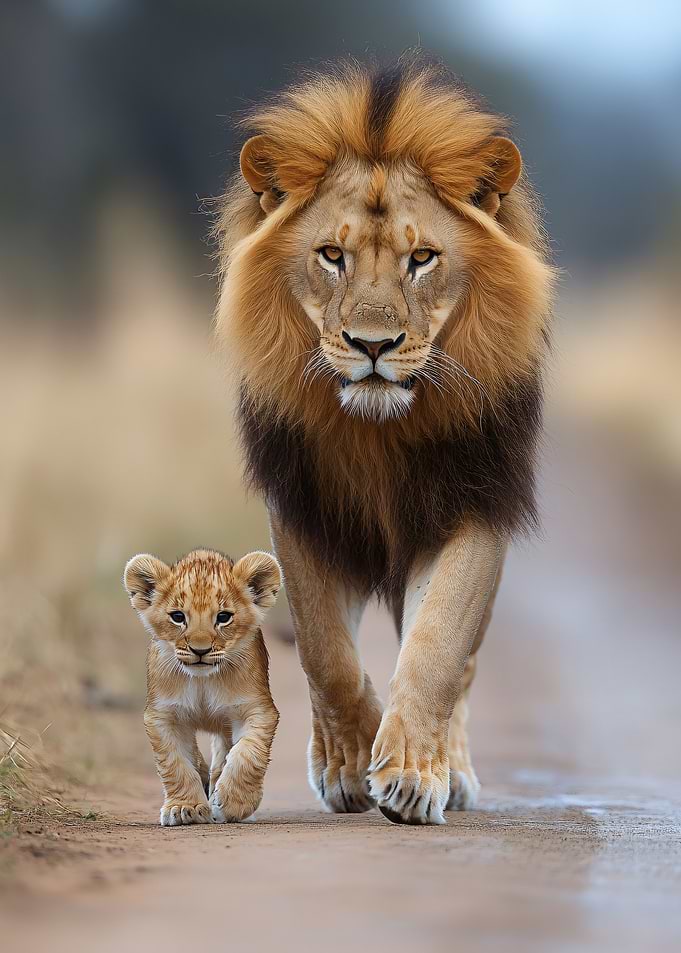 Male Lion Walking With Cub
