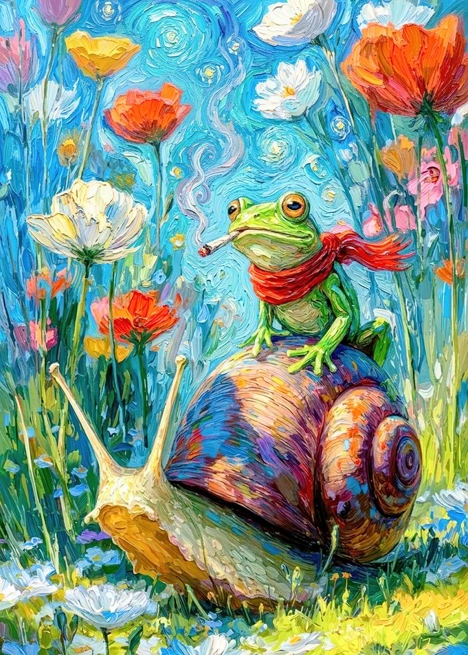 Frog Riding Snail in Flower Field