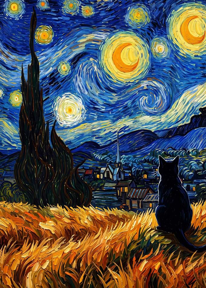 Black Cat Watching Starry Night