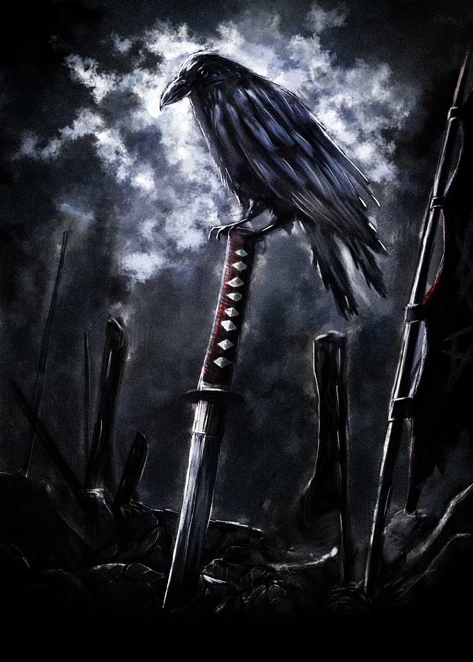 Raven Perched on Samurai Katana