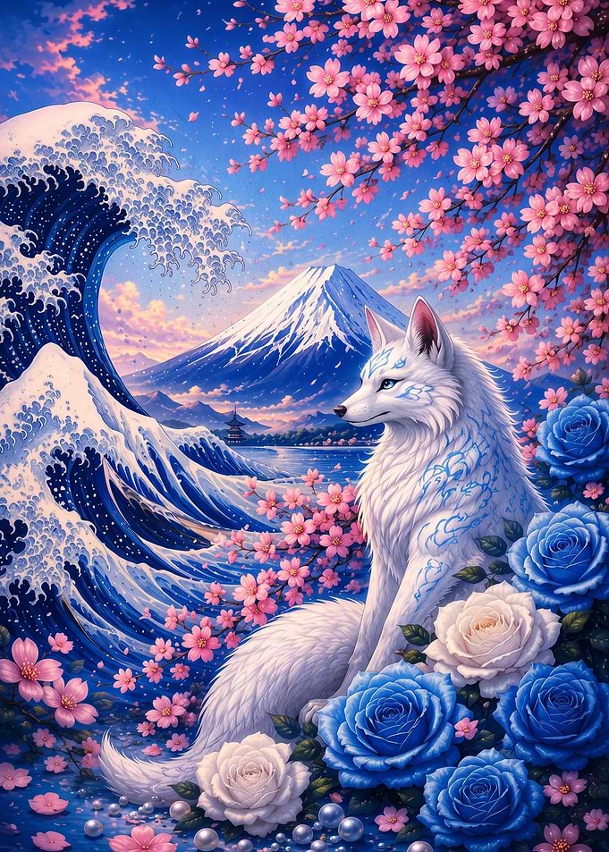 Mystical White Wolf and Mount Fuji