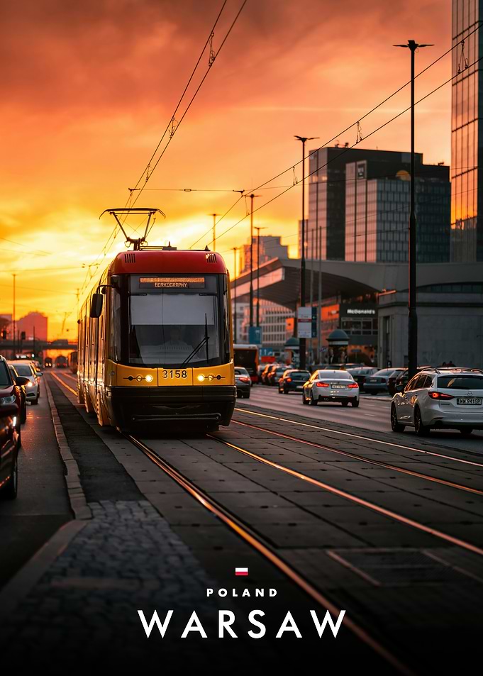 Warsaw Tram at Sunset
