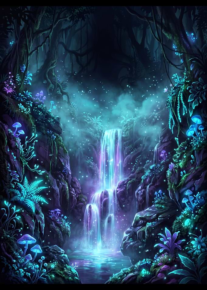 Bioluminescent Enchanted Forest Waterfall