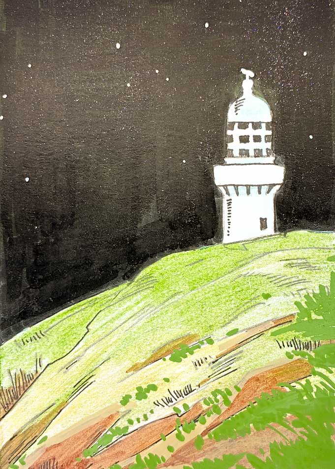 Lighthouse on a Hill at Night