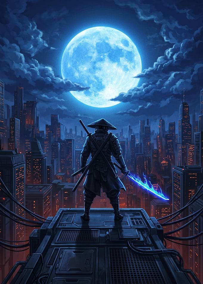 Cyberpunk Samurai Under Blue Moon