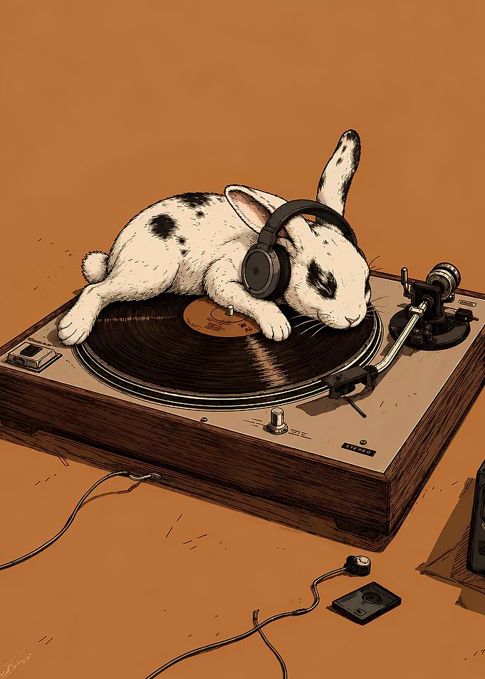 Cute Rabbit Sleeping on Vinyl Turntable
