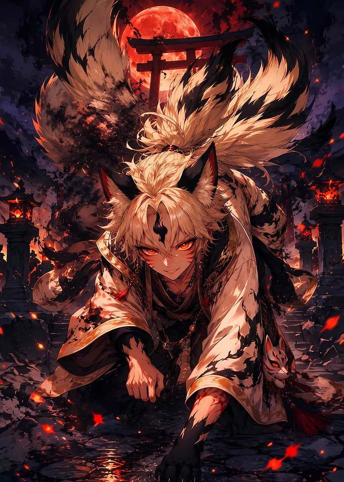 Fierce Kitsune Warrior Under Red Moon