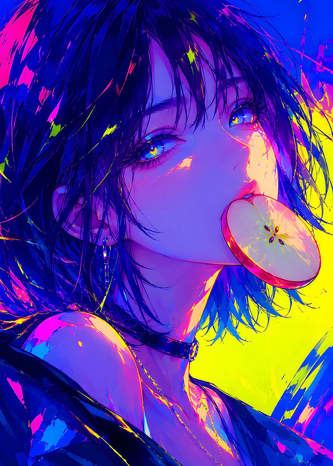 Neon Anime Girl with Apple Slice