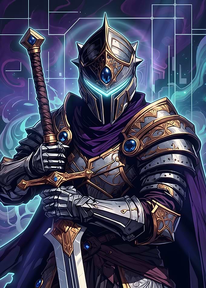 Cybernetic Fantasy Knight with Glowing Sword