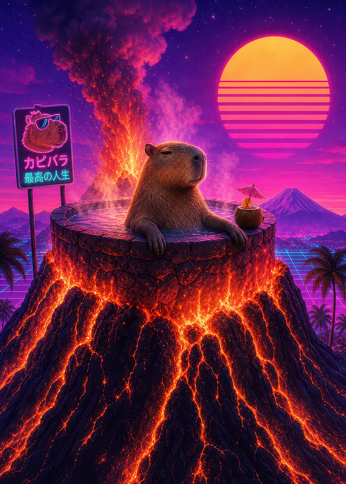 Synthwave Capybara Relaxing in Volcano Hot-Spring