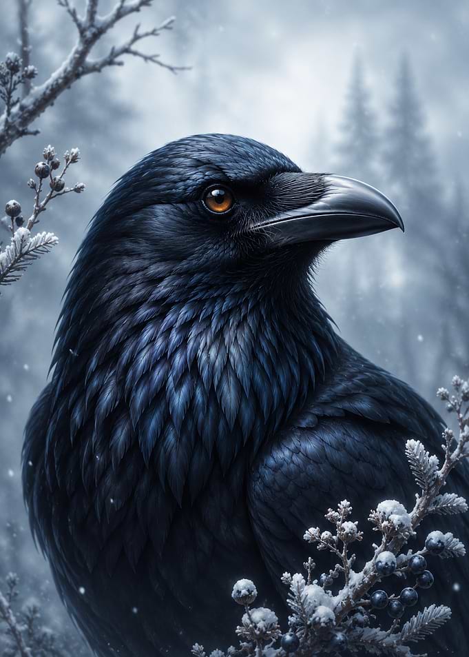 Majestic Raven in Winter Forest
