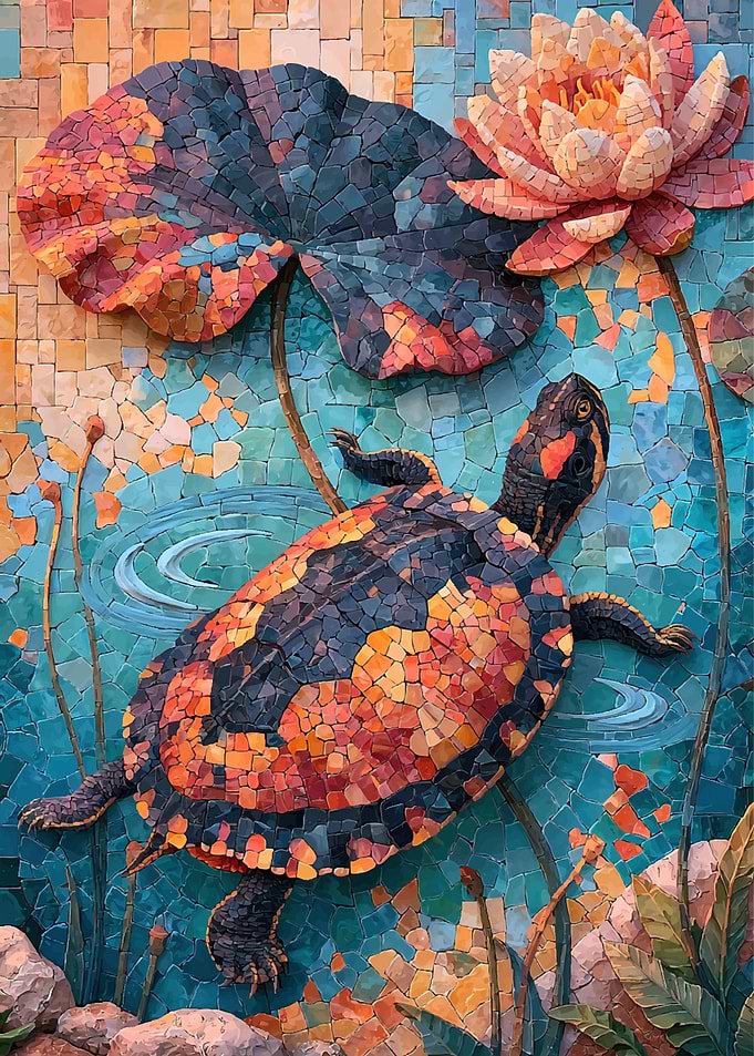 Mosaic Turtle and Lotus Pond Art