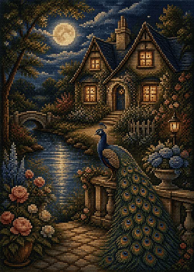 Peacock by Moonlight Cottage Cross Stitch
