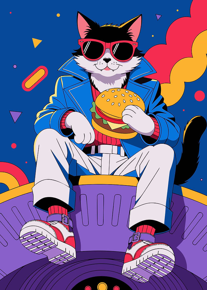 Cool Cat Eating a Burger