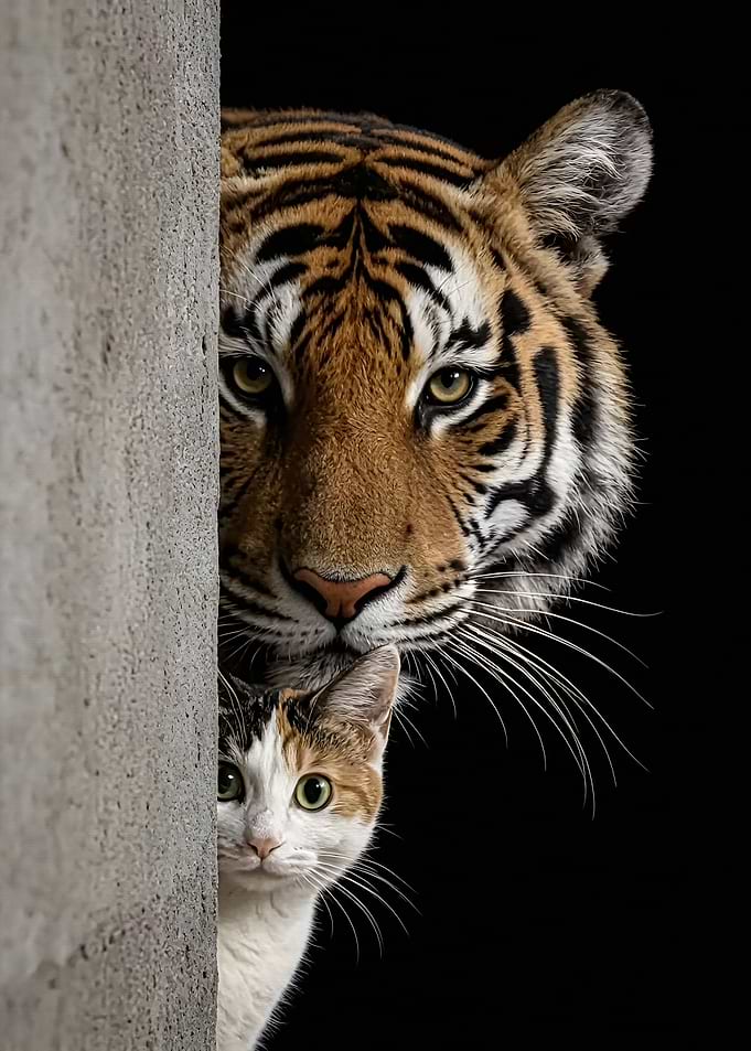 Tiger and Calico Cat Peeking