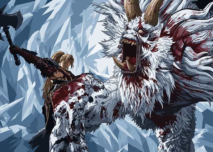 Warrior Battling a Snowy Beast
