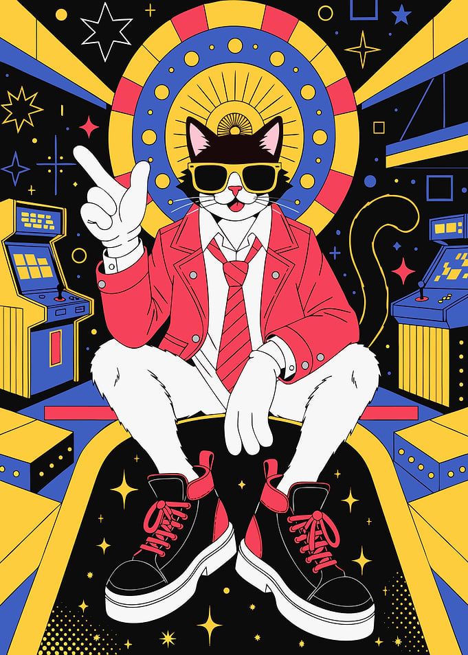 Cool Retro Arcade Cat Illustration