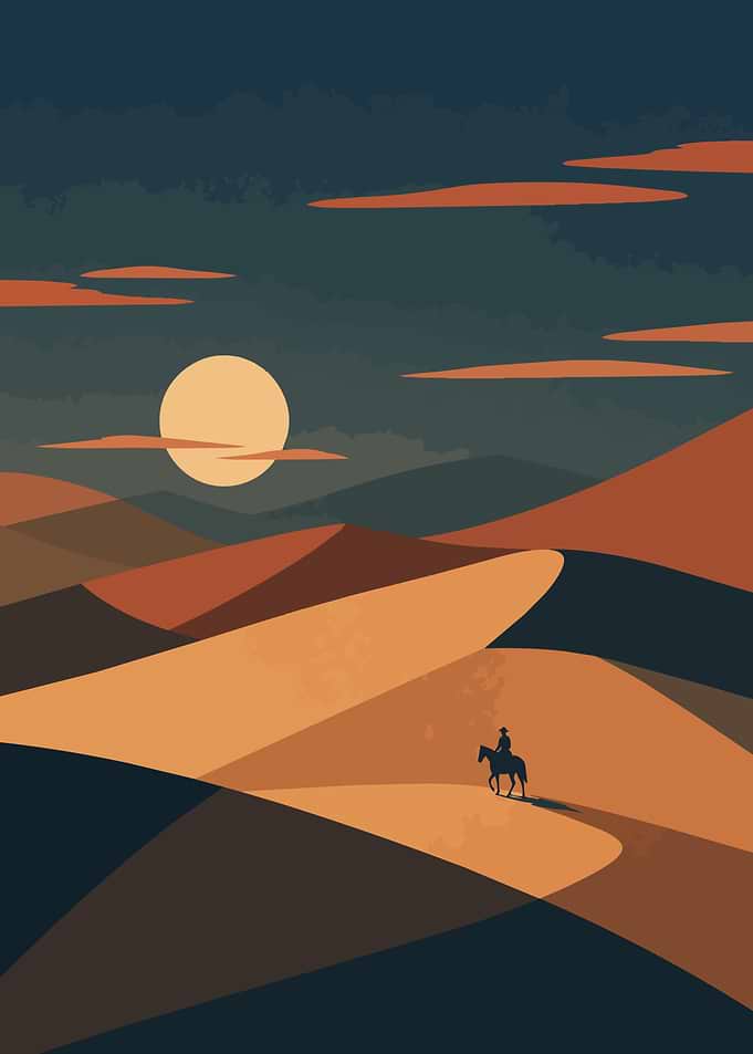 Lone Cowboy Riding Through Desert Sunset Minimalist Art