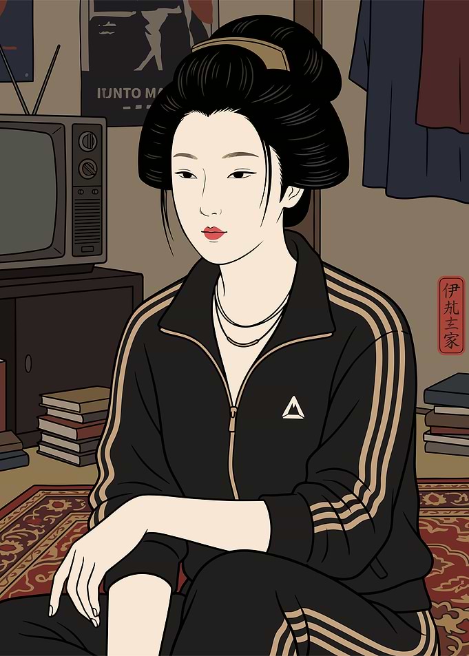 Geisha in Modern Tracksuit Illustration