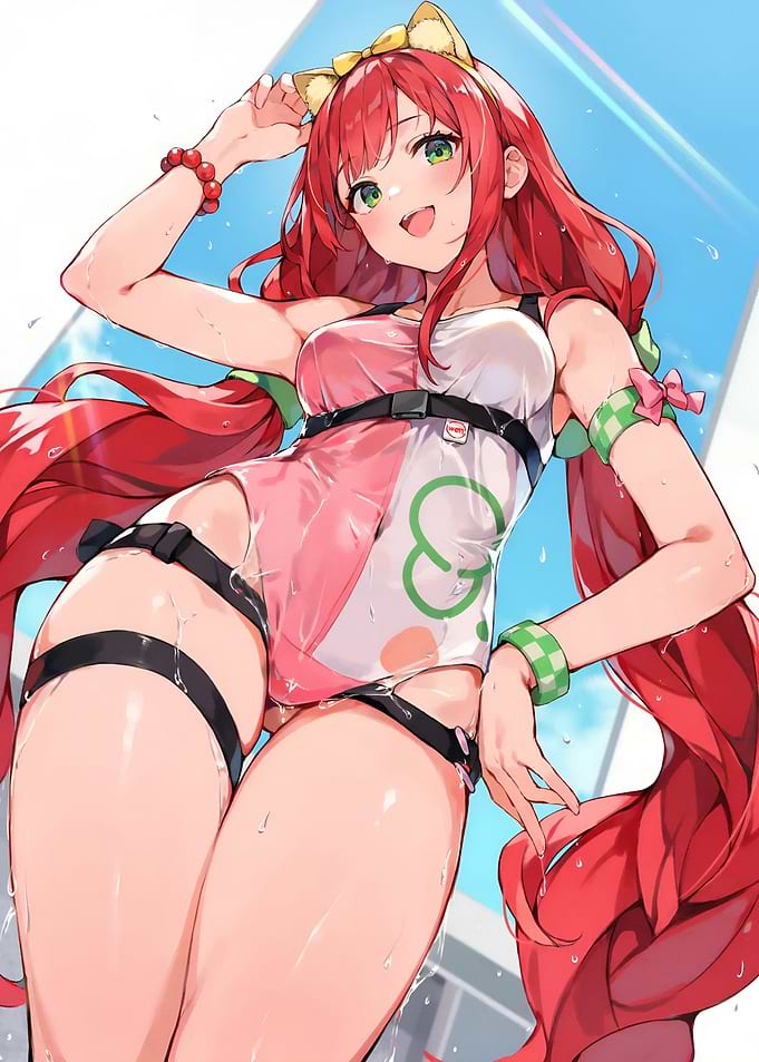 Cute Anime Girl with Cat Ears in Swimsuit