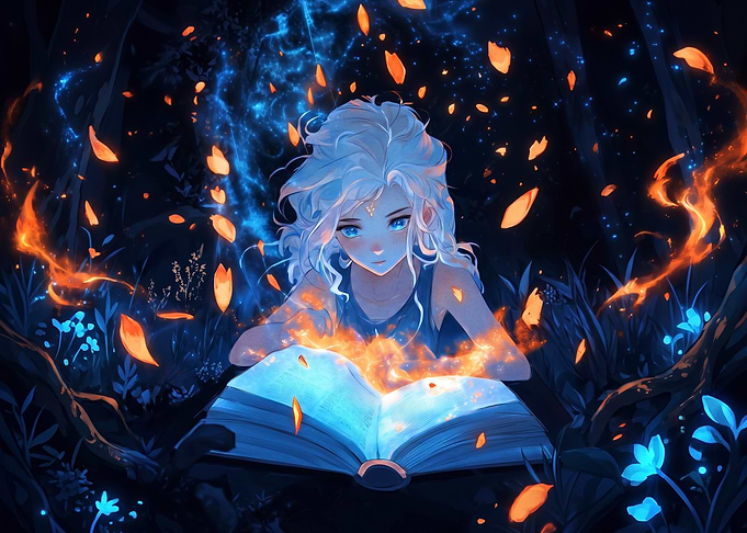 Girl Reading Magical Glowing Book