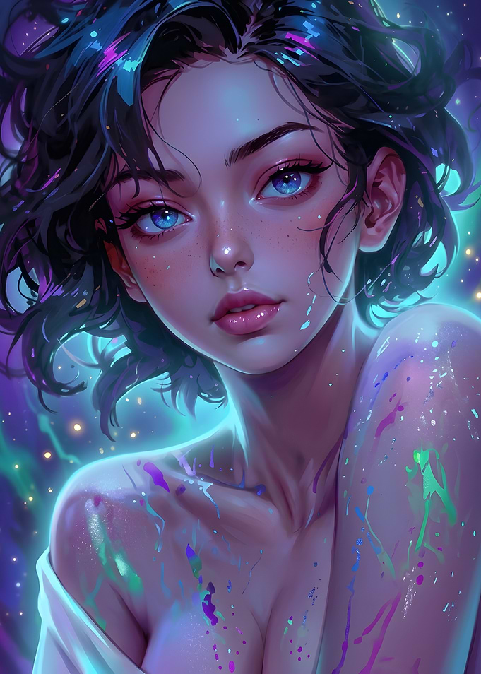 Ethereal Portrait with Neon Paint Splatters